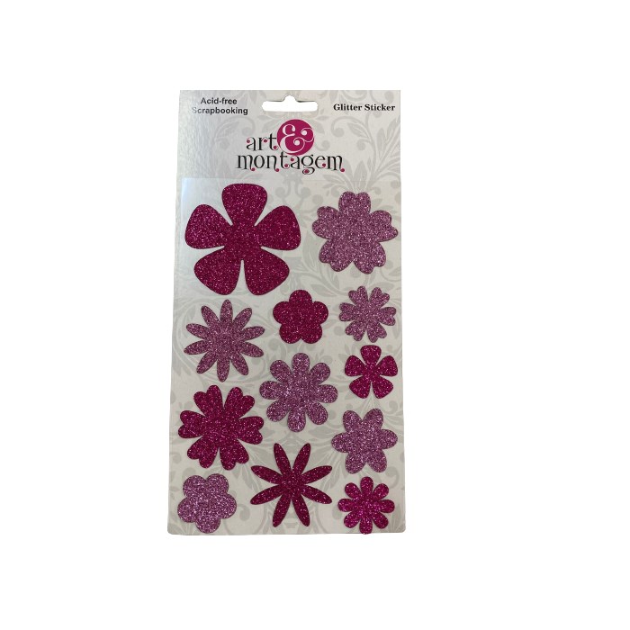 Cartela Adesiva Glitter Sticker Flores Rosa AD046