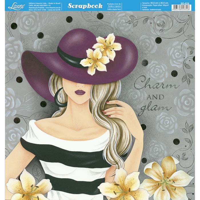 Folha Dupla Face Scrapbooking SD-628 Dama C/ Chapéu Roxo Fundo Cinza