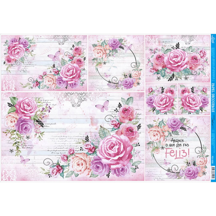 Papel para Decoupage Litoarte PD-1008 Rosas Aquarela