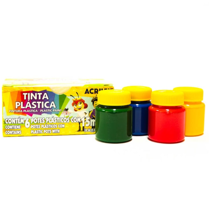 Tinta Plástica Plastic Paint Acrilex com 6 cores 15ml - 03215